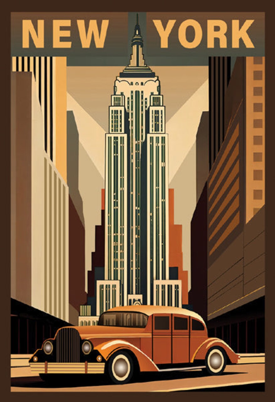 Framed Art New York City Empire State Building & Classic Car | Vintage Urban